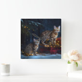 ベンガル猫スノイそりに乗るクリスマスデコール スクエア壁時計 (ホーム)