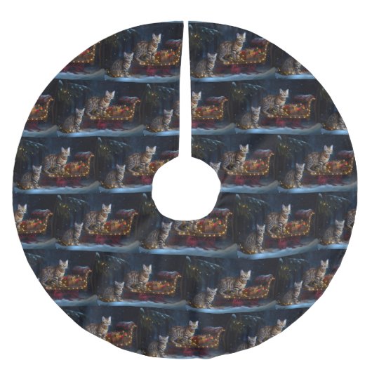 ベンガル猫スノイそりに乗るクリスマスデコール ブラッシュドポリエステルツリースカート (正面)