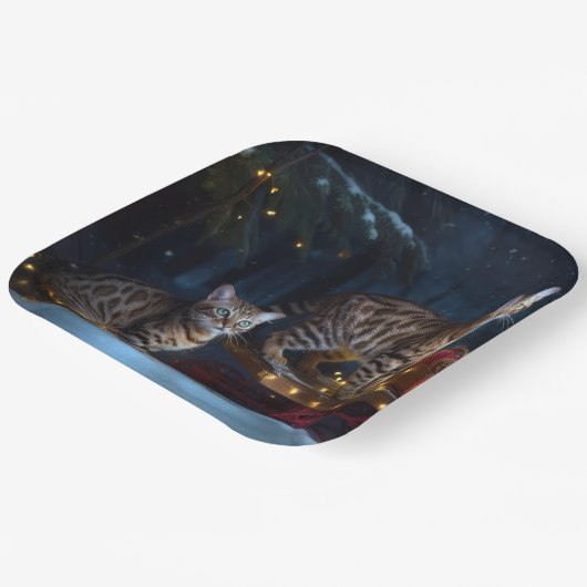 ベンガル猫スノイそりに乗るクリスマスデコール ペーパープレート (傾斜あり)