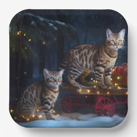 ベンガル猫スノイそりに乗るクリスマスデコール ペーパープレート (正面)