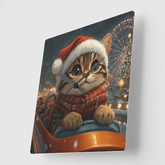 ベンガル猫ローラーコースタークリスマス スクエア壁時計 (傾斜)