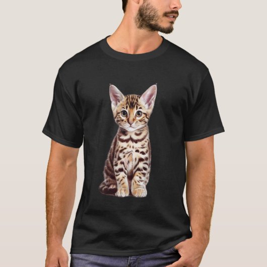 ベンガル+子猫+スケッチ+ドローイング+アート+猫好き Tシャツ (正面)