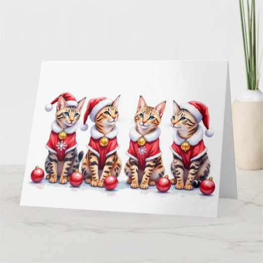 ベンガル 猫 クリスマス ドレス サンタ帽子 カード (正面)