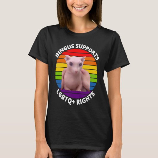 ベングスが愛猫の毛のないスフィンクスを呼んでいる Tシャツ (正面)