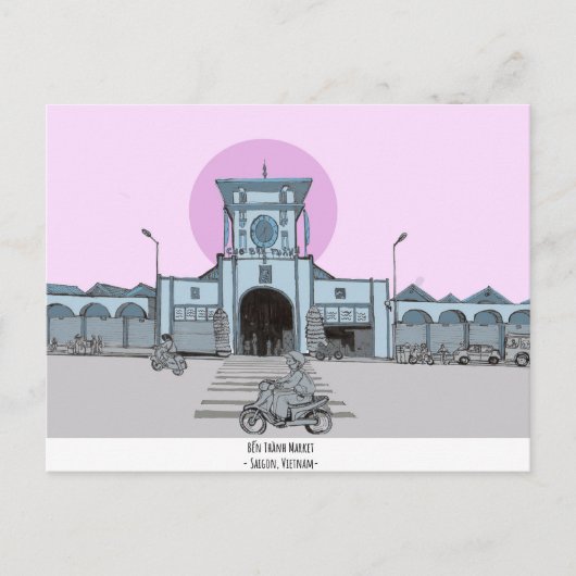 ベンタンマーケットサイゴンベトナムイラストレーション ポストカード (正面)