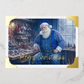 ベンチで働くサンタのスナップショット 箔シーズンカード (正面)