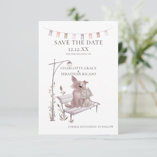 ベンチに乗った犬と猫がデートの時間を結婚守る 案内状 (スタンド正面)