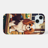 ベンチに座ったキャバリエ・キング・チャールズ iPhone 15ケース (裏面横)