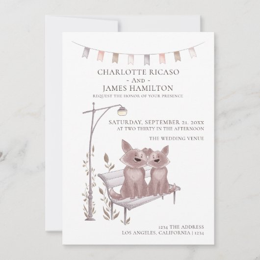 ベンチに座った犬結婚二匹 案内状 (正面)