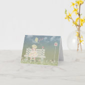 ベンチに座る女の子 鳥と凧 カード (黄色い花)