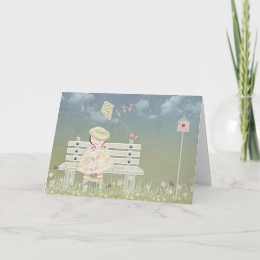 ベンチに座る誕生日の少女と風船 カード (正面)
