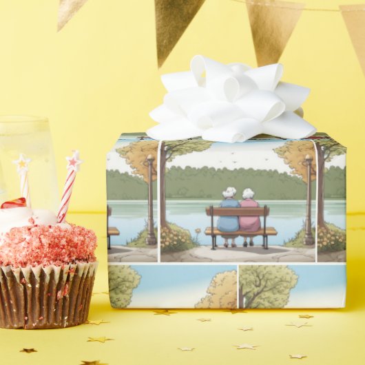 ベンチに座る2人の老婦人 ラッピングペーパー (誕生日パーティー)