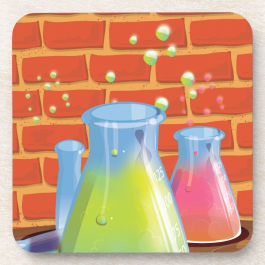 ベンチに置かれた漫画のガラス科学機器 コースター (正面)