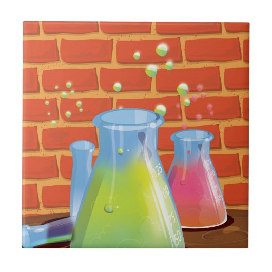 ベンチに置かれた漫画のガラス科学機器 タイル (正面)