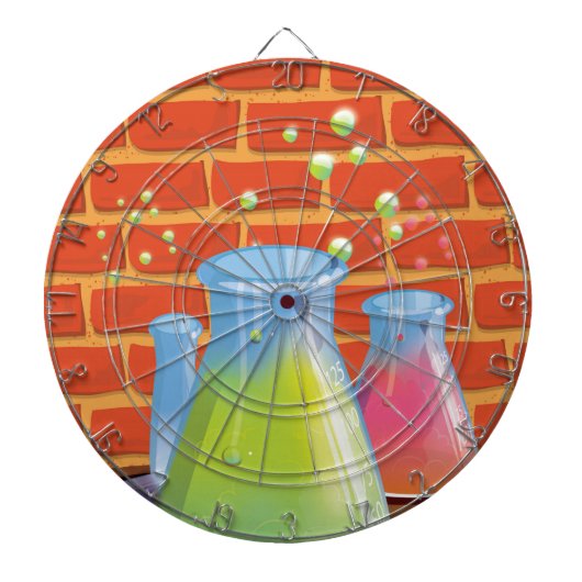 ベンチに置かれた漫画のガラス科学機器 ダーツボード (正面)