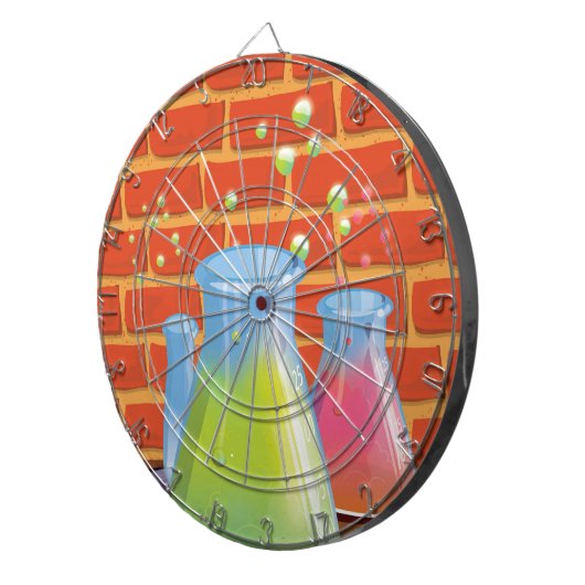 ベンチに置かれた漫画のガラス科学機器 ダーツボード (正面右)