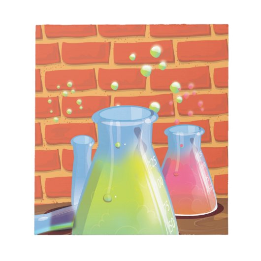 ベンチに置かれた漫画のガラス科学機器 ノートパッド (正面)