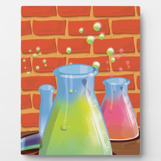 ベンチに置かれた漫画のガラス科学機器 フォトプラーク (正面)