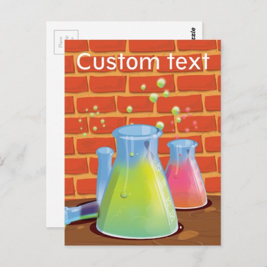 ベンチに置かれた漫画のガラス科学機器 ポストカード (正面/裏面)