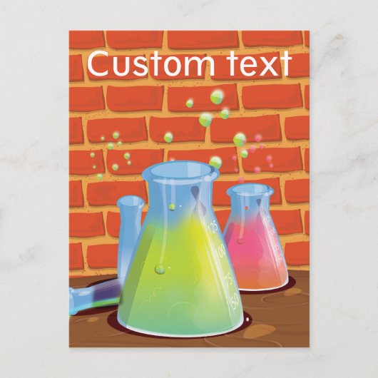 ベンチに置かれた漫画のガラス科学機器 ポストカード (正面)