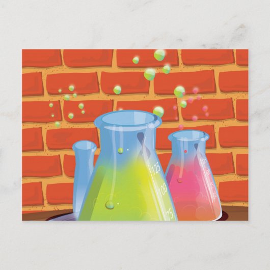 ベンチに置かれた漫画のガラス科学機器 ポストカード (正面)