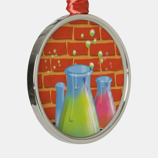 ベンチに置かれた漫画のガラス科学機器 メタルオーナメント (右)