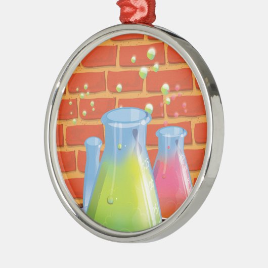 ベンチに置かれた漫画のガラス科学機器 メタルオーナメント (左)