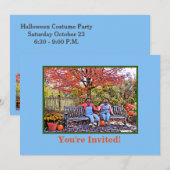 ベンチのハロウィーンに座っているかかし仲間 招待状 (正面/裏面)