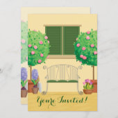 ベンチのブライダルシャワー招待状を持つポットガーデン 招待状 (正面/裏面)