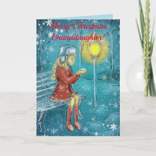 ベンチクリスマスカードの孫娘 サンキューカード (正面)