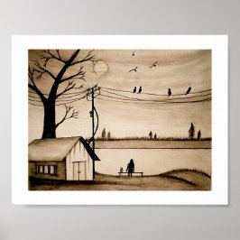 ベンチサンセットスケッチで孤独な女の子。 ポスター