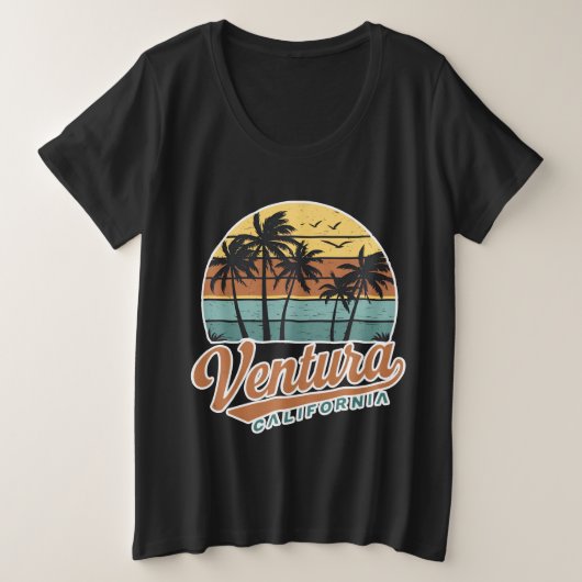 ベンチュラカリフォルニア – ヴィンテージレトロサンセット プラスサイズTシャツ (デザイン正面)