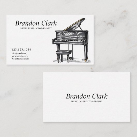 ベンチ付きブラックピアノとホワイトピアノのスケッチ 名刺 (正面/裏面)