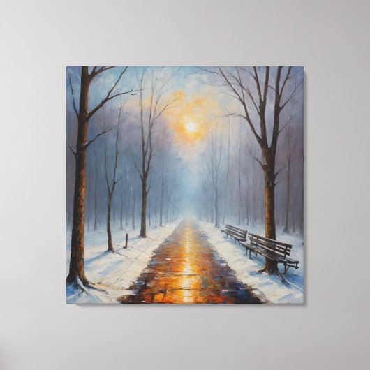 ベンチ絵を描や木のある道の一つ キャンバスプリント (正面)