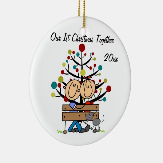 ベンチ、猫のパーソナライズな休日のオーナメントのカップル セラミックオーナメント (右)