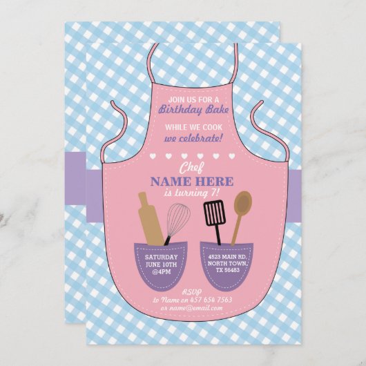 ベーカリーのエプロン誕生会の女の子のクッキーの招待 招待状 (正面/裏面)