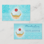ベーカリーの名刺のカップケーキのダマスク織の青 名刺 (正面/裏面)