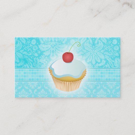ベーカリーの名刺のカップケーキのダマスク織の青 名刺 (正面)