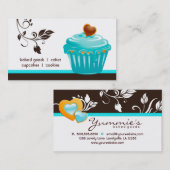 ベーカリーの名刺のカップケーキの青い花のハート 名刺 (正面/裏面)