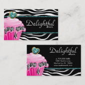 ベーカリーの名刺のシマウマのピンクのカップケーキのティール（緑がかった色） 名刺 (正面/裏面)