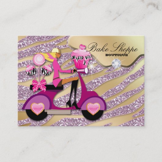 ベーカリーの名刺のシマウマのピンクのケーキはカップケーキをぽんと鳴らします 名刺 (正面)