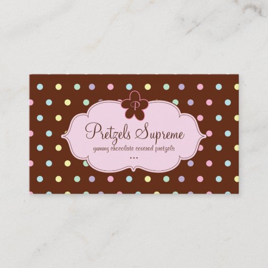 ベーカリーの水玉模様チョコレートピンクの花柄のモノグラム 名刺 (正面)