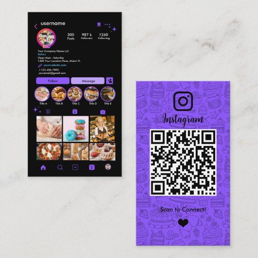 ベーカリーインスタグラムシェフパープルペストリーケーターQR 名刺 (正面/裏面)