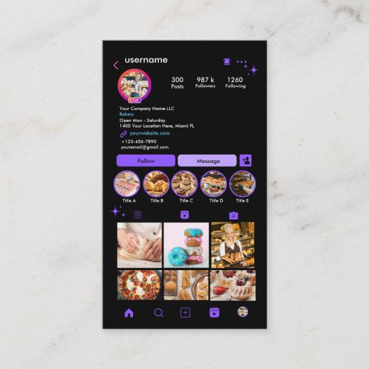 ベーカリーインスタグラムシェフパープルペストリーケーターQR 名刺 (正面)