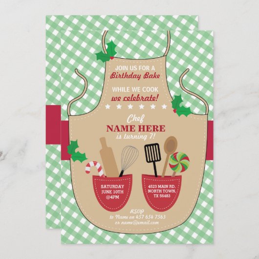 ベーカリーエプロン誕生日パーティーガールズクリスマス 招待状 (正面/裏面)