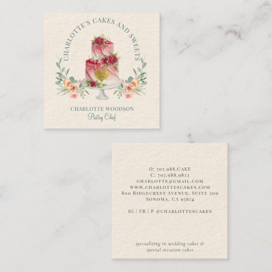 ベーカリーエレガントパティシシェフウォーターカラーフローラケーキ スクエア名刺 (正面/裏面)
