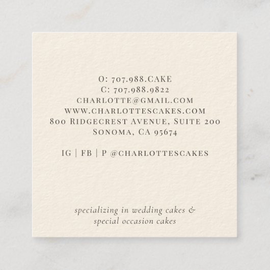 ベーカリーエレガントパティシシェフウォーターカラーフローラケーキ スクエア名刺 (裏面)