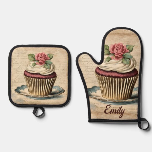 ベーカリーエレガントパティシシェフカップケーキベイカーベーキング 鍋つかみ&鍋敷きセット (正面)