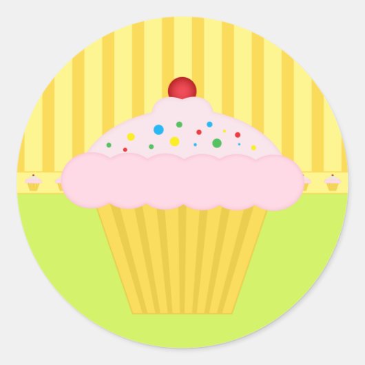 ベーカリーカップケーキイエローライムパターン背景 ラウンドシール (正面)