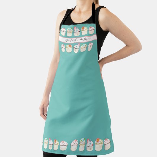 ベーカリーカップケーキショップウォーターカラーティール(緑がかった色)ブルー金ゴールドドット エプロン (インサイチュ)